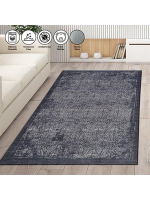 Carpettex Modern Klasik Geometrik Desenli Siyah Gri Halı Kaymaz Taban Makinada Yıkanabilir