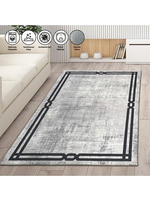 Carpettex Modern Abstrak Bordür Desenli Siyah Gri Halı Kaymaz Taban Makinada Yıkanabilir