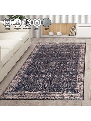 Carpettex Modern Klasik Eskitme Iran Tarzı Desenli Siyah Rose Halı Kaymaz Taban Makinada Yıkanabilir