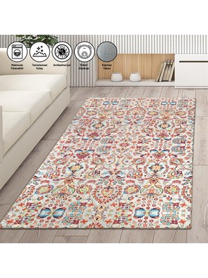 Carpettex Modern Klasik Eskitme Osmanlı Desenli Kırmızı Beyaz Karma Renkli Halı Kaymaz Taban Makinada Yıkanabilir