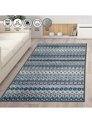 Carpettex Modern Iskandinav Kilim Desenli Mavi Gri Halı Kaymaz Taban Makinada Yıkanabilir