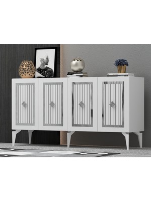 Nora Beyaz Yemek Odası Konsol Dolabı – Suntalam, Modern Tasarım, Ayna Pleksi Kapaklı, Bölmeli ve Dayanıklı Plastik Ayaklı