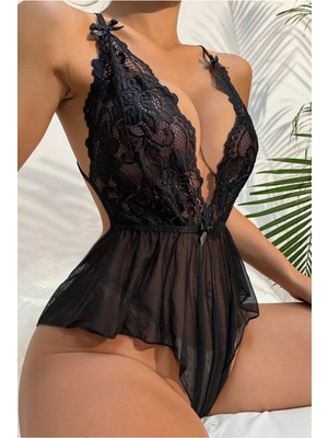 Fancy&Dancy Kadın Çapraz Askı Detaylı Şık Dantel Tül Babydoll Gecelik - Tek Parça İç Çamaşırı Bodysuit - 6400