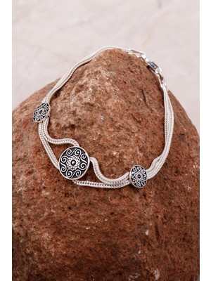 Sümer Telkari Anadolu Motifli Elişi Hasır Gümüş Bileklik 4293
