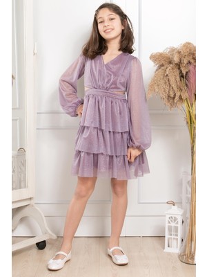 Modaviki Fırfırlı Simli Tül Çocuk Abiye Lila MDV30810