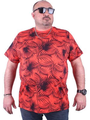 Moc Grande Mocgrande Büyük Beden Sıfır Yaka Tişört Palm Leaf 23148 Nar Çiçeği