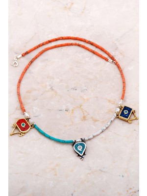 Sümer Telkari Doğal Taşlı Mozaik İşlemeli Gümüş Kolye 6528