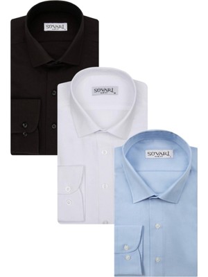 Süvari 3 Lü Sim Fit Düz Gömlek Seti Siyah Beyaz Mavi