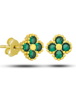 Stil Love Gümüş Gold Yonca Çivili Yeşil Taşlı Çocuk Küpe