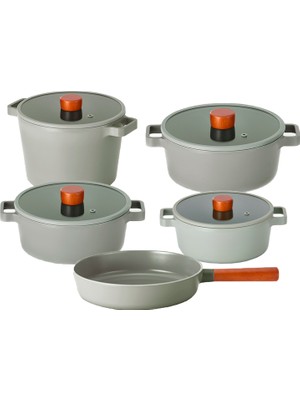 Neoflam Fika Gri Alüminyum Döküm Cam Kapaklı 9 Parça Tencere & Tava Seti 18D22K22D24K24T