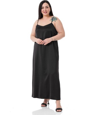 Disentis Modest Büyük Beden Ayarlanabilir Ince Askılı Yanı Yırtmaçlı Saten Siyah Elbise