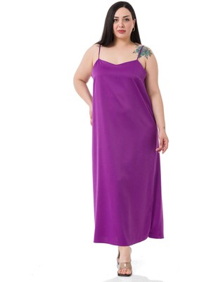 Disentis Modest Büyük Beden Ayarlanabilir Ince Askılı Yanı Yırtmaçlı Saten Mor Elbise