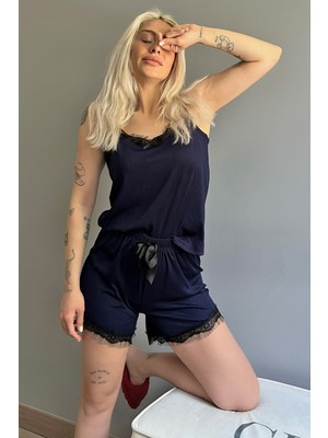 Pijama Evi Kaşkorse Dantel Detaylı Ip Askı Şortlu Örme Pijama Takımı