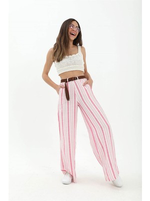 Modda Kadın - Hasır Kemer Çizgili Pantolon - Fuşya