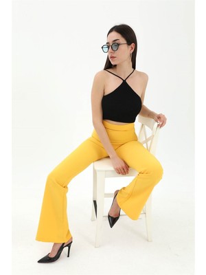 Modda Kadın - Yüksek Bel Gizli Fermuarlı Ispanyol Paça Atlas Kumaş Pantolon - Sarı