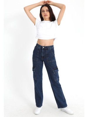 Modda Kadın - Yüksek Bel Kargo Cep Pantolon - Lacivert