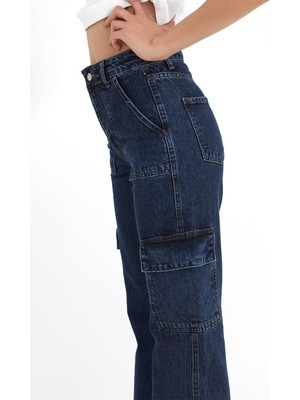 Modda Kadın - Yüksek Bel Kargo Cep Pantolon - Lacivert