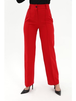 Modda Kadın - Önü Çimalı Atlas Kumaş Pantolon - Kırmızı