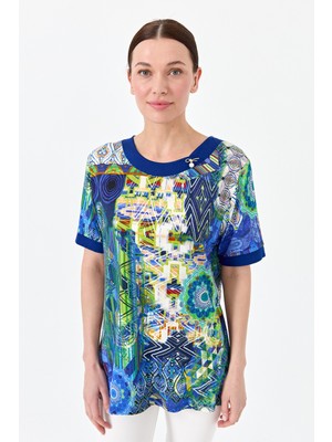 Desen Triko Kadın Sıfır Yaka Karışık Desenli Penye T-Shirt Saks