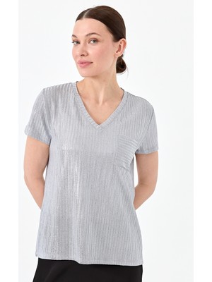 Desen Triko Kadın V Yaka Cepli Penye T-Shirt Gri