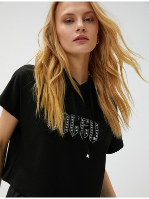 Koton Crop Tişört Kapüşonlu Baskılı