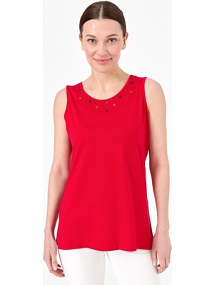 Desen Triko Kadın Sıfır Yaka Işlemeli Askılı Penye T-Shirt K.kırmızı