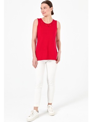 Desen Triko Kadın Sıfır Yaka Işlemeli Askılı Penye T-Shirt K.kırmızı