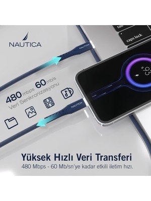 Nautica C55 Pd Usb-C To Lightning 20W LED Işıklı Şarj ve Data Kablosu 1.2m Navy