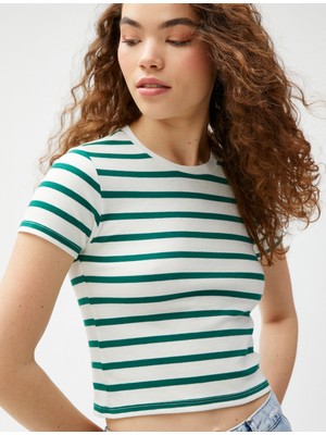 Koton Crop Tişört Bisiklet Yaka Kısa Kollu Viskon Karışımlı