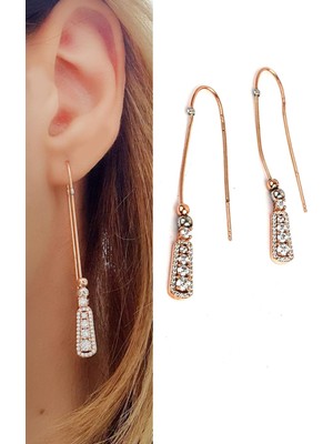 Ose Shop Zirkon Taşlı 925 Ayar Gümüş Üzerine Rose Altın Kaplama Zincir Küpe