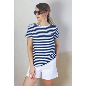Kadın Lacivert Beyaz Çizgili Basic T-Shirt
