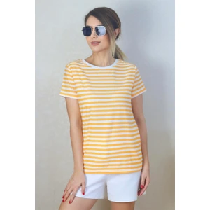 Kadın Hardal Beyaz Çizgili Basic T-Shirt
