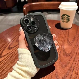 M.TK Moveteck iPhone 13 Pro Kılıf Kamera Korumalı Aşk Kalpli Pop Soketli Kristal Taşlı Tutacak Parlak Siyah