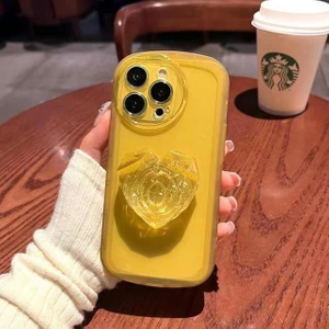 M.TK Moveteck iPhone 13 Pro Kılıf Kamera Korumalı Aşk Kalpli Pop Soketli Kristal Taşlı Tutacak Parlak Sarı