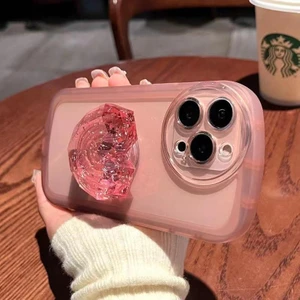 M.TK Moveteck iPhone 12 Pro Max Kılıf Kamera Korumalı Aşk Kalpli Pop Soketli Kristal Taşlı Tutacak Parlak Pembe