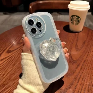 M.TK Moveteck iPhone 13 Pro Kılıf Kamera Korumalı Aşk Kalpli Pop Soketli Kristal Taşlı Tutacak Parlak Beyaz