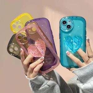 M.TK Moveteck iPhone 13 Uyumlu Kılıf Kamera Korumalı Aşk Kalpli Pop Soketli Kristal Taşlı Tutacak Parlak