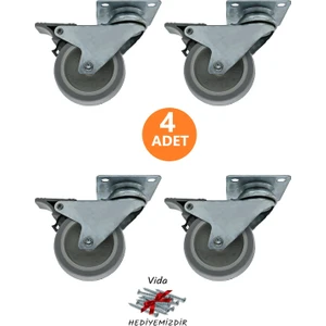 4 Adet Frenli 75'lik Döner Tablalı Bilyalı Teker Masa Dolap Sehpa Mobilya Tekeri 75X25
