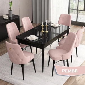 Concept Are Serisi, 80X132 Açılabilir Mdf Masa, Siyah Mermer Desen Mutfak Masa Takımı, 6 Sandalye