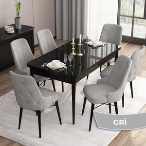 Concept Are Serisi, 80X132 Açılabilir Mdf Masa, Siyah Mermer Desen Mutfak Masa Takımı, 6 Sandalye