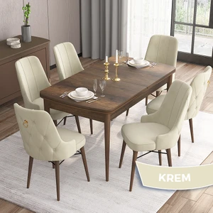 Concept Are Serisi, 80X132 Açılabilir Mdf Masa, Barok Ahşap Desenli Mutfak Masa Takımı 6 Sandalye