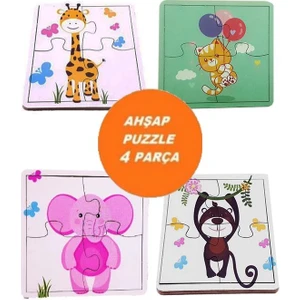 Woodylife Ilk Puzzlem Bebek Maymun Zürafa Pembe Fil ve Balon Tutan Kedi 4 Lü 4 Parça Puzzle Yapboz Eğitici Çocuk Oyuncak