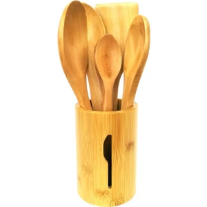 Bambu Standlı - Ahşap Kaşık Spatula  Servis Seti