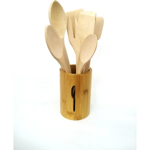 Bambu Standlı Ahşap Kaşık Spatula Maşa Servis Seti-Cilasız