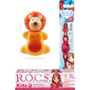 Kids 4-7 Yaş Ağız Bakım Seti - Ahududu Macun + Kids Fırça Kırmızı +Aslan Saklama Kabı