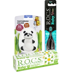 Baby Neon Turkuaz Komple Ağız Bakım Seti - Papatya Macun + Neon Fırçası + Panda Saklama Kabı