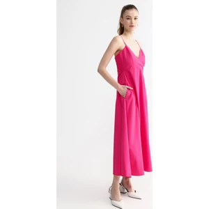 Kruvaze Yaka Düz Pembe Midi Kadın Elbise Zek-Y