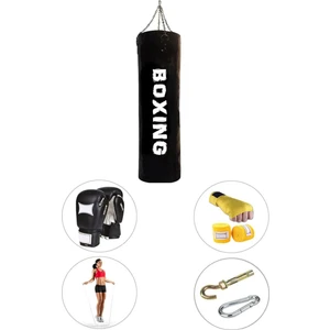 Spor Byfit 100 cm x 30 cm Siyah Boks Torbası + Eldiven + Bandaj + Atlama Ipi + Askı Aparatı - 5' Li Set - Dolu