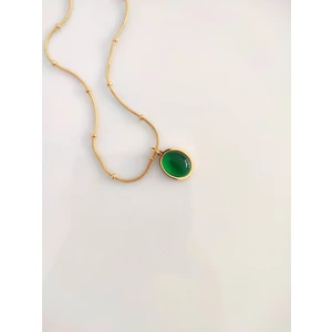 Kadın 316L Paslanmaz Çelik Gold Otantik Haki Yeşili Cam Top Zincir Minimal Sade Kolye