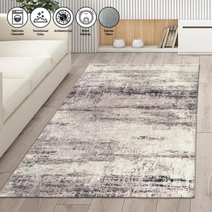 Modern Abstrak Çizgi Desenli Gri Halı Kaymaz Taban Makinada Yıkanabilir